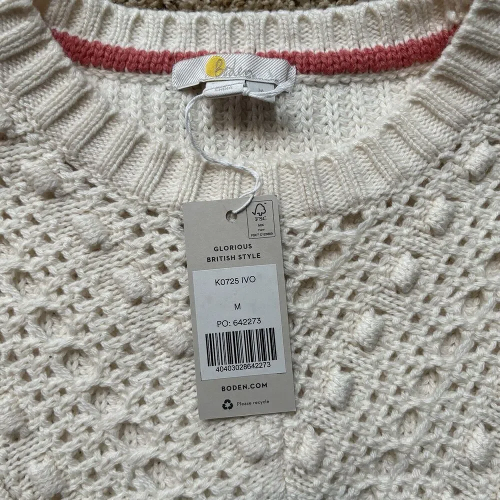 Boden Women's M Cream Wool Blend Chunky Knit Fringe Crochet Sweater NWT